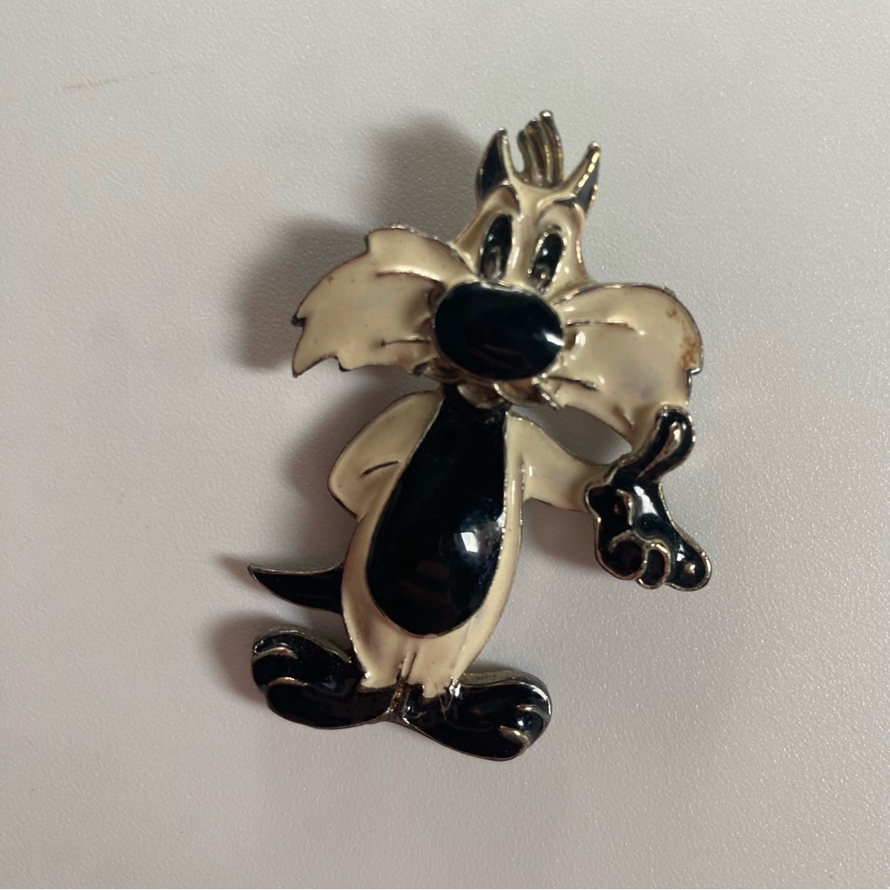 Vintage Enamel Black and White Cartoon Cat Brooch